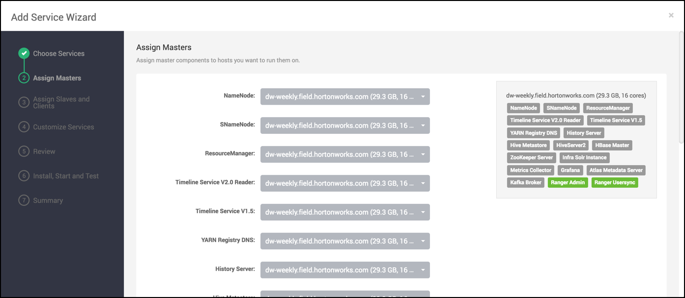 Ambari > Add Service > Ranger > Assign Masters, Ranger Admin and Ranger Usersync highlighted.