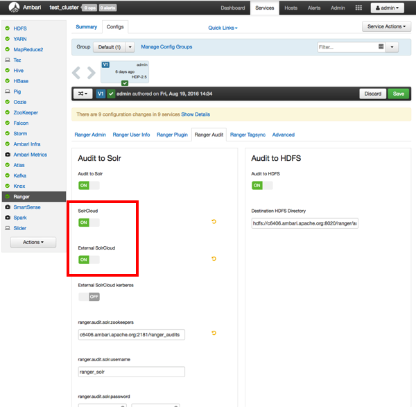 Under Ambari > Ranger > Configs > Ranger Audit, SolrCloud and External SolrCloud options are highlighted as toggled ON.