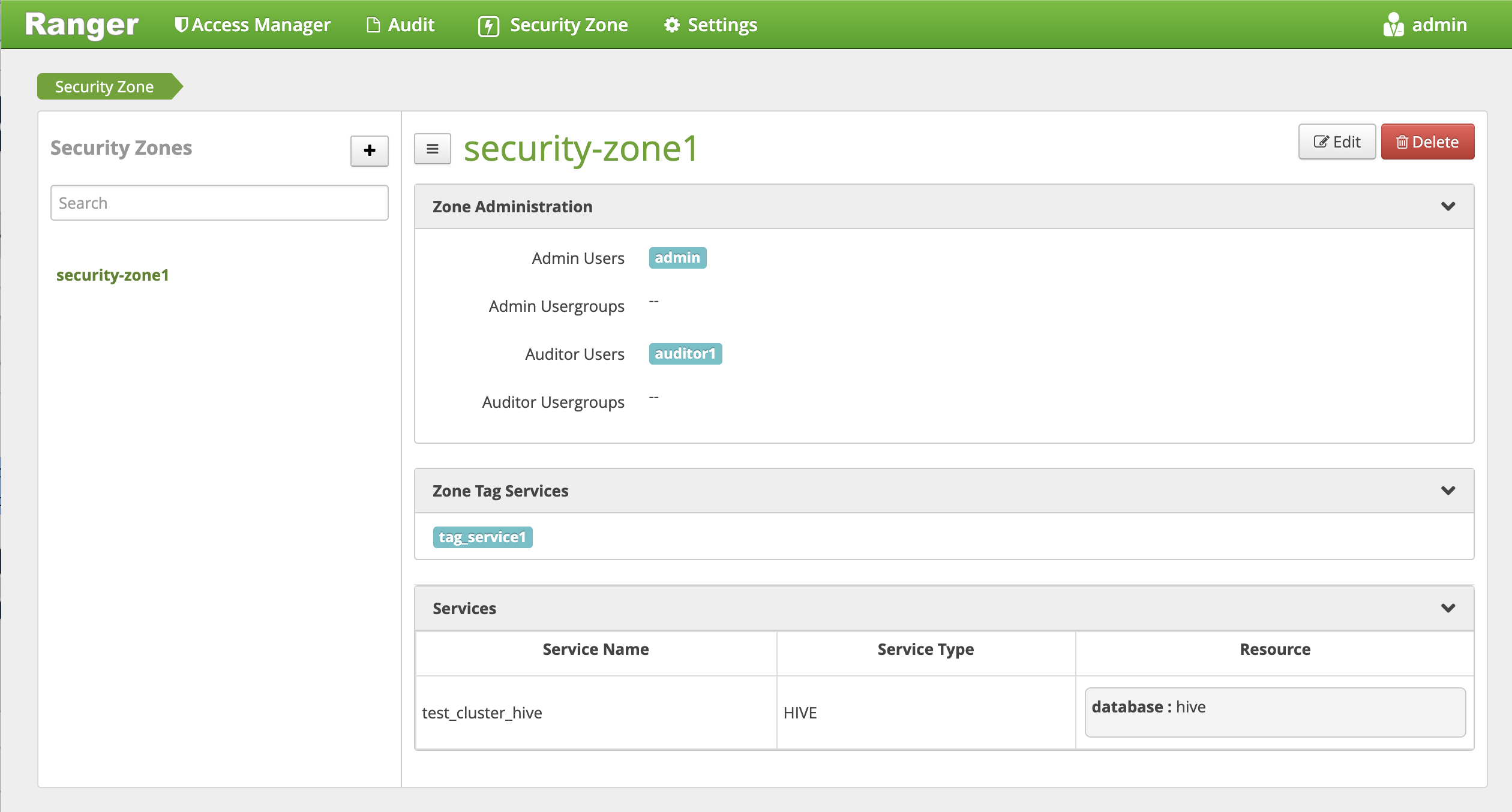 Shows Ranger Security Zones page.